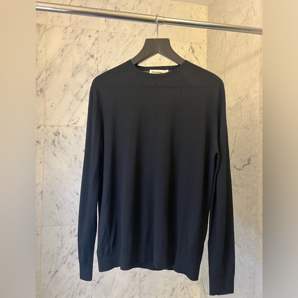Jil Sander dark blue fine gauge wool crewneck sweater  size 50